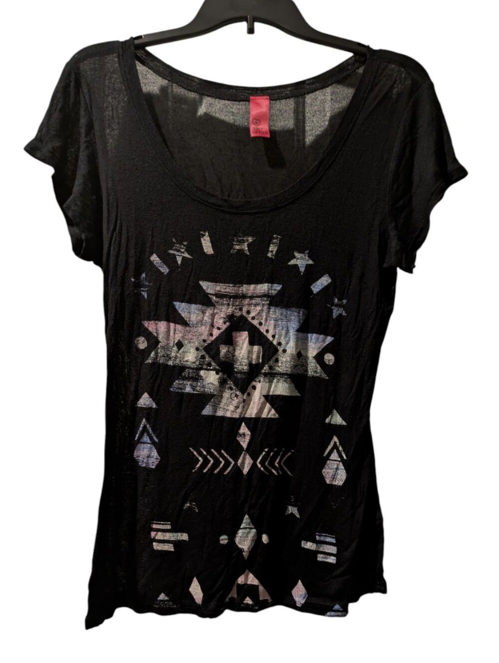 just ginger Black Scoop Neck Tee with Iridescent Aztec Graphic